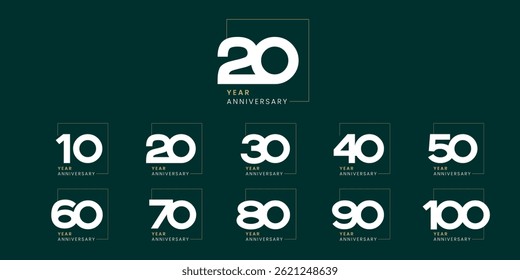 Set of vector logo designs for 10 to 100 years anniversary, with gold color and box for celebration day, wedding and birthday events