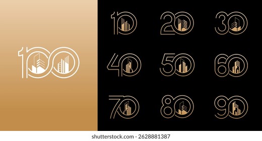 Conjunto de projetos de logotipo vetorial para 10 a 100 com edifício ou arquiteto em cores de luxo