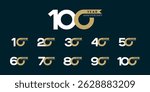 Set of vector logo designs for 10th to 100th anniversary with ribbon, in gold color for celebrations, weddings and birthdays