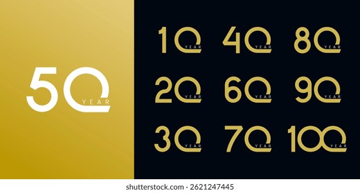 Set of vector logo designs for 10th to 100th anniversary, in gold color for celebrations, weddings and birthdays