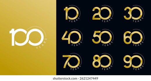 Set of vector logo designs for 10th to 100th anniversary, in gold color for celebrations, weddings and birthdays