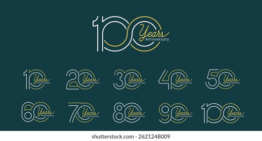 Set of vector logo designs for 10th to 100th anniversary, in gold color for celebrations, weddings and birthdays