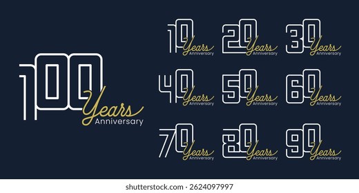 Set of vector logo designs for 10th to 100th anniversary, in gold color for celebrations, weddings and birthdays
