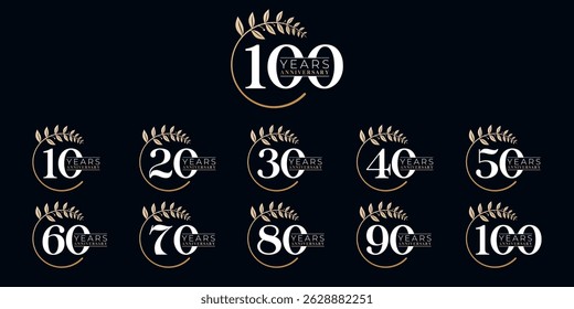 Set of vector logo designs for 10th to 100th anniversary with laurel flowers, in gold color for celebrations, weddings and birthdays