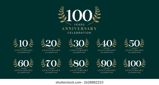 Set of vector logo designs for 10th to 100th anniversary with laurel flowers, in gold color for celebrations, weddings and birthdays