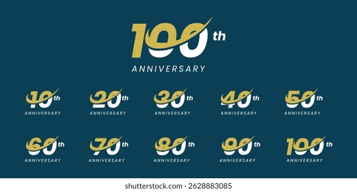 Set of vector logo designs for 10th to 100th anniversary with swoosh, in gold color for celebrations, weddings and birthdays