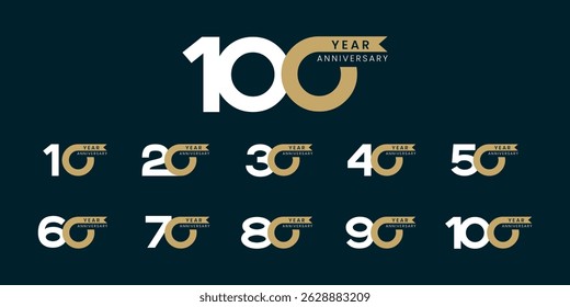 Set of vector logo designs for 10th to 100th anniversary with ribbon, in gold color for celebrations, weddings and birthdays