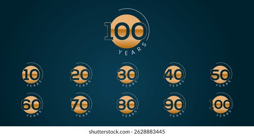 Set of vector logo designs for 10th to 100th anniversary, in gold color for celebrations, weddings and birthdays	