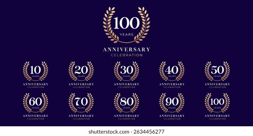 Set of vector logo designs for 10th to 100th anniversary with laurel flowers, in gold color for celebrations, weddings and birthdays