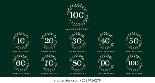 Set of vector logo designs for 10th to 100th anniversary with laurel flowers, in gold color for celebrations, weddings and birthdays