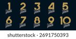 Set of vector logo designs for 1st to 10th anniversary, in gold color for celebrations, weddings and birthday