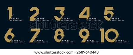Set of vector logo designs for 1st to 10th anniversary, in gold color for celebrations, weddings and birthday