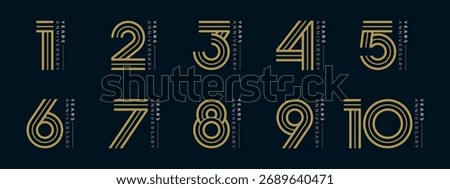 Set of vector logo designs for 1st to 10th anniversary, in gold color for celebrations, weddings and birthday
