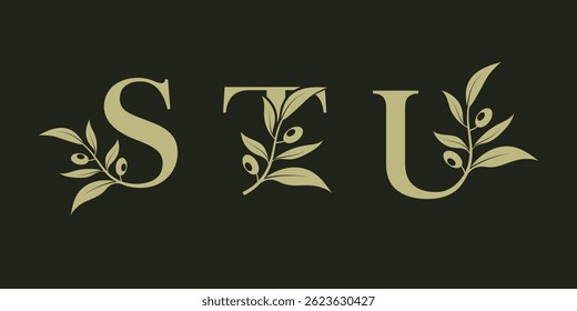 Set of vector logo designs for S T and U with olive leaves
