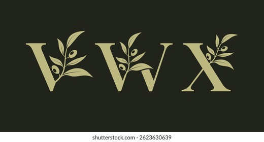 Set of vector logo designs for V W and X with olive leaves