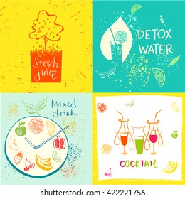 Set of vector logo detox water drink, diet and holistic nutrition on color background. Hand-drawn illustration for fresh health juice and food in menu cafe, restaurant.