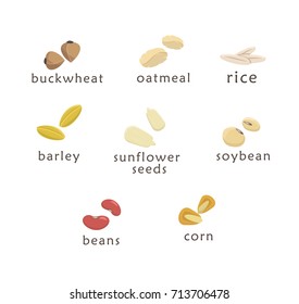 Set of vector logo elements for healthy food, raw food, vegetarian. Grain and Cereals. Beans, corn, oatmeal, rice, soybean peas  