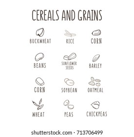 Set of vector logo elements for healthy food, raw food, vegetarian. Grain and Cereals. Beans, corn, oatmeal, rice, soybean peas  