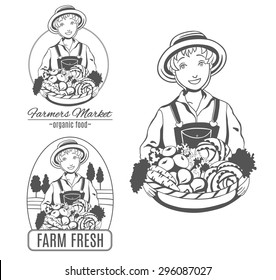 Set of vector logo with farmer woman.