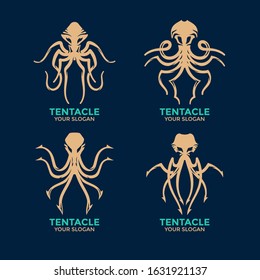Set of Vector Logo Gold Octopus. Seafood Sea Animal Squid with Tentacles