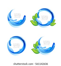 Set of vector logo, icon design elements with natural clean water drops and green leaves. Abstract blue water splash frame. Mineral aqua label. Waterdrops and liquid background.