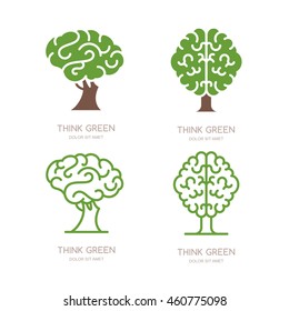 Set of vector logo, icon, emblem design with brain tree. Think green, eco, save earth and environmental concept. Flat outline brain tree isolated illustration.