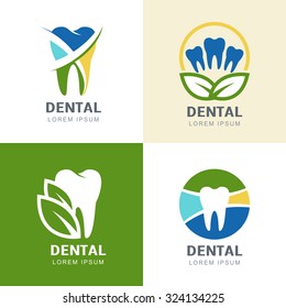 Set of vector logo icons design. Multicolor tooth and green leaves illustration. Creative concept for dental clinic, dentist and medicine.