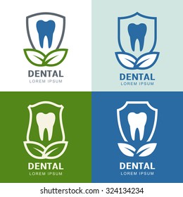 Set of vector logo icons design. Tooth, shield and green leaves illustration. Concept for dental clinic, dentist and medicine.