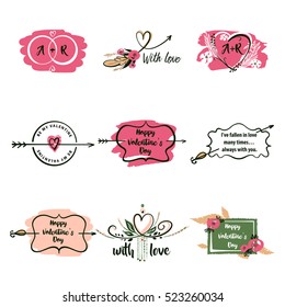 Set vector logo isolated on white background for corporate identity, greeting card, poster wedding agency, salon, reception. Image with floral for happy valentine day, save date wedding invitation.