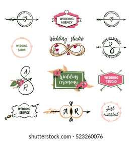 Set vector logo isolated on white background for greeting card, poster wedding agency, salon, reception. Image with floral, text wedding ceremony for happy valentine day, save date wedding invitation.