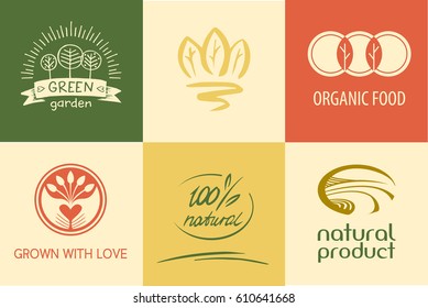 Set of vector logo on color background for natural product business. Concept image for grown with love and organic food.