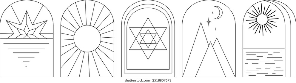 Set of vector logo with star, sun and moon. Branding designs templates. Linear icons minimalist style.