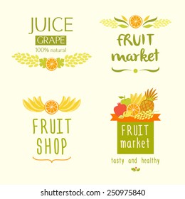 Set vector logo for a store of fruits, fruit juice labels. Guaranteed quality and fresh fruit. Juice label