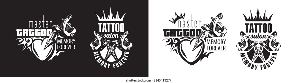 Conjunto de logotipo vectorial para salón de tatuajes sobre fondo blanco y negro