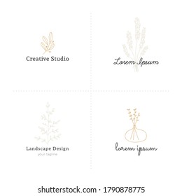 Set of vector logo templates with hand drawn florals. Designs with flowers and leaves. Simple elegant illustrations for branding and business identity.