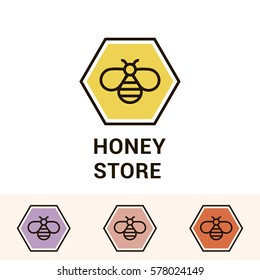 Set of vector logo templates for honey store. Creative logotype. EPS10. Illustration of honeycomb with bee in differents color. Can be used for textile design, design of banners, company identity. 