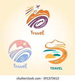 Set vector logo travel company. Tourist trip. The aircraft in the sky, landscape. Hand-drawn logo in a circle.