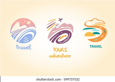 Set vector logo travel company. Tourist trip. The aircraft in the sky, landscape. Hand-drawn logo in a circle.