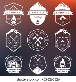 Set of vector logos and badges camping, hiking and outdoor activities. Collection of vintage emblems and symbols of woods camp, travel and mountain camping