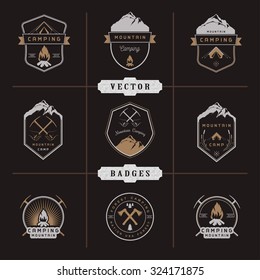 Set of vector logos and badges camping, hiking and outdoor activities. Collection of vintage emblems and symbols of woods camp, travel and mountain camping