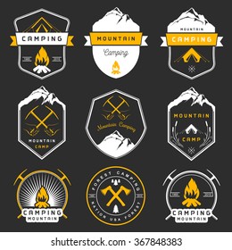 Set of vector logos and badges camping, hiking and outdoor activities. Collection of emblems and symbols of woods camp, travel and mountain camping