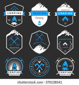 Set of vector logos and badges camping, hiking and outdoor activities. Collection of emblems and symbols of woods camp, travel and mountain camping