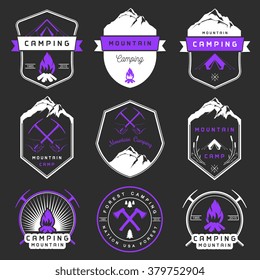 Set of vector logos and badges camping, hiking and outdoor activities. Collection of emblems and symbols of woods camp, travel and mountain camping