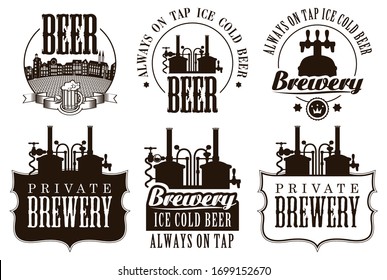 Conjunto de logos vectoriales, insignias, etiquetas y elementos de diseño sobre el tema de la cerveza y la cervecería. Emblemas de cerveza artesanales, plantillas, símbolos con equipo de cerveza de estilo monocromo