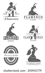 Set of vector logos, badges and silhouettes Flamenco. Collection emblems of traditional Spanish dance, signs school, clubs, shops and studios flamenco isolated on a white background