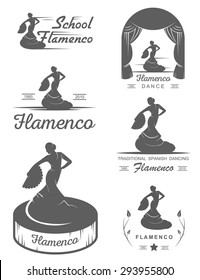 Set of vector logos, badges and silhouettes Flamenco. Collection emblems of traditional Spanish dance, signs school, clubs, shops and studios flamenco isolated on a white background