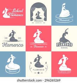 Set of vector logos, badges and silhouettes Flamenco. Collection emblems of traditional Spanish dance, signs school, clubs, shops and studios flamenco isolated on a white background