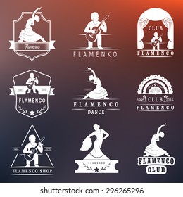 Set of vector logos, badges and silhouettes Flamenco. Collection emblems of traditional Spanish dance, signs school, clubs, shops and studios flamenco isolated on a white background