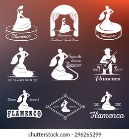 Set of vector logos, badges and silhouettes Flamenco. Collection emblems of traditional Spanish dance, signs school, clubs, shops and studios flamenco isolated on a white background