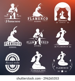 Set of vector logos, badges and silhouettes Flamenco. Collection emblems of traditional Spanish dance, signs school, clubs, shops and studios flamenco isolated on a white background